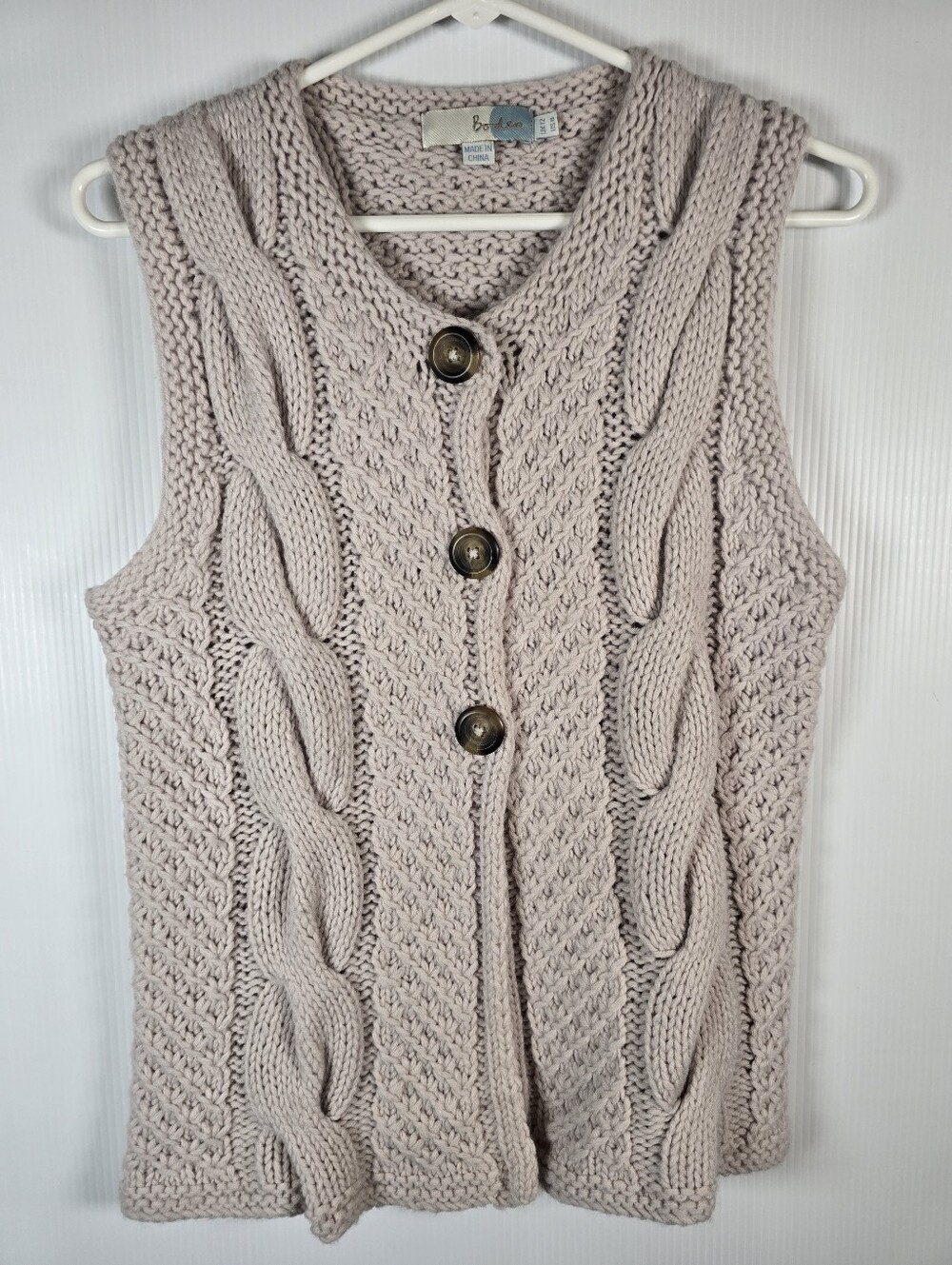 Boden Womens Beige Cable-Knit 100% Wool Button Front Chunky Sweater Vest Size 8